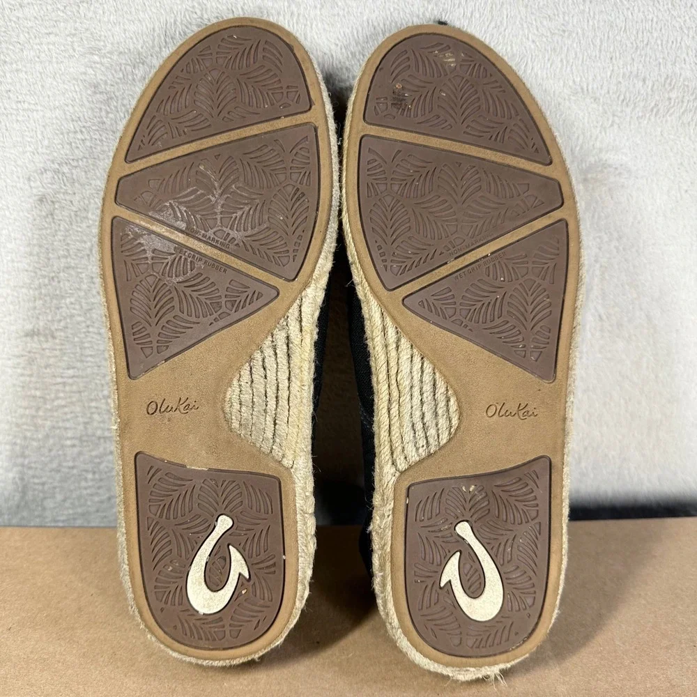 Olukai Kaula Pa'a Kapa Slip On Womens 9.5 Black Canvas Espadrille Flats 20449